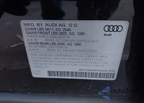 2013 Audi Q5 3.0T Premium Plus из США, поврежденный, VIN WA1DGAFP5DA051592